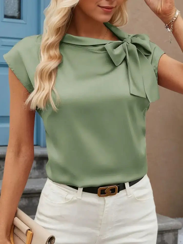 Bow Tie Cap Sleeve Blouse