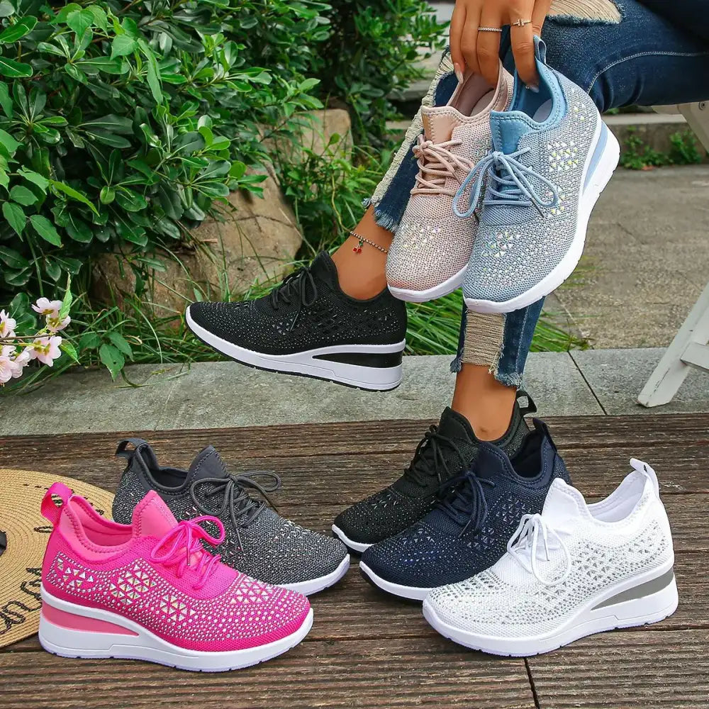 Breathable Mesh Rhinestone Wedge Athletic Sneakers