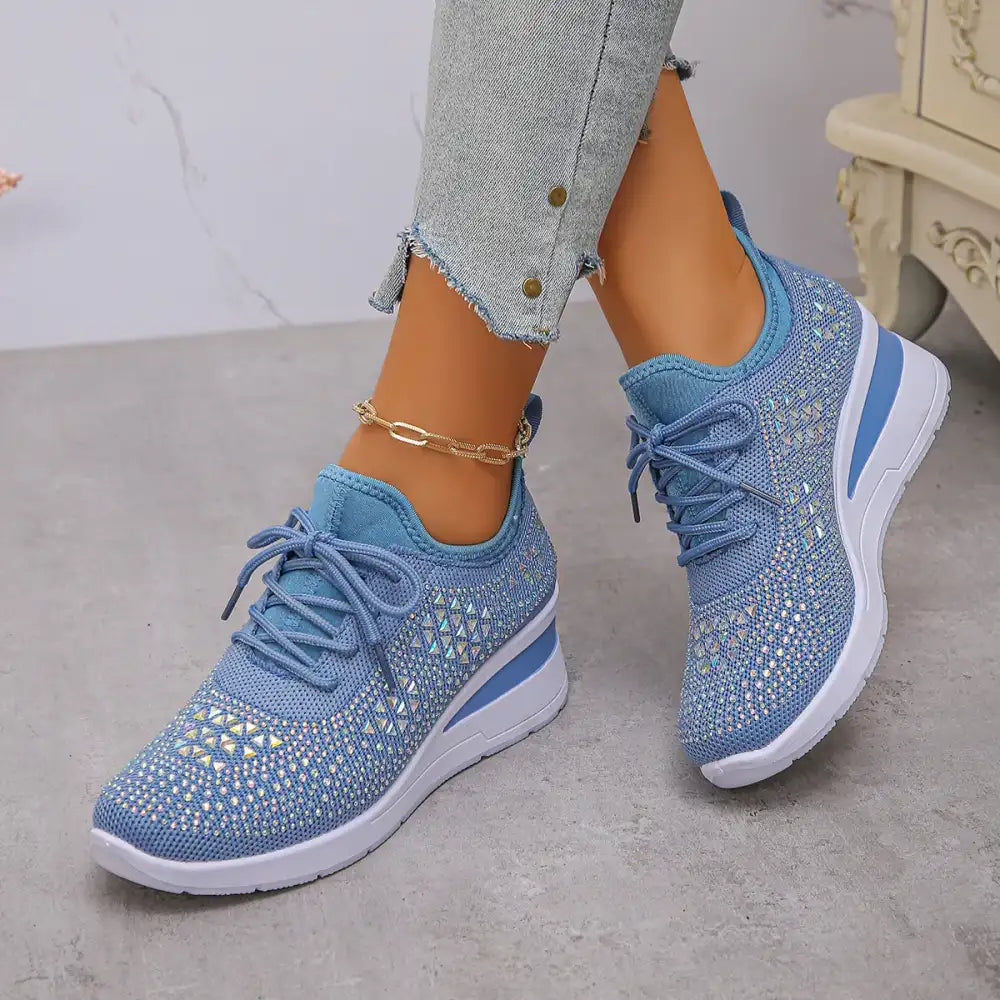 Breathable Mesh Rhinestone Wedge Athletic Sneakers