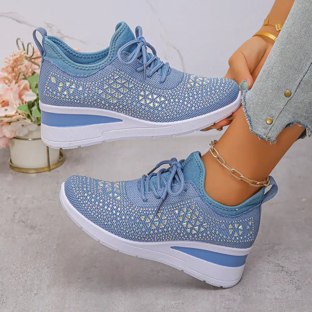 Breathable Mesh Rhinestone Wedge Athletic Sneakers