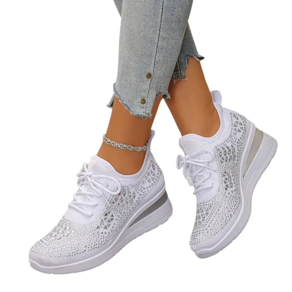 Breathable Mesh Rhinestone Wedge Athletic Sneakers