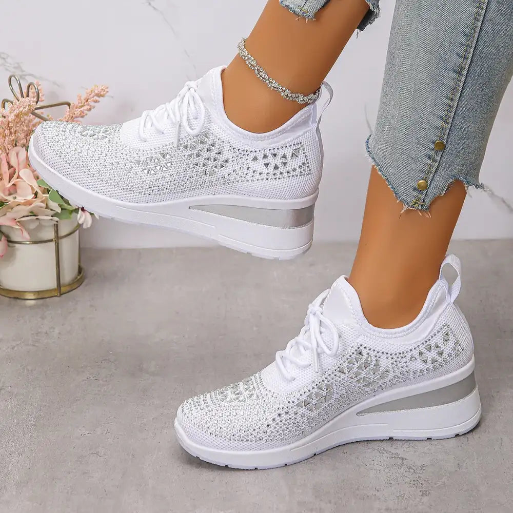 Breathable Mesh Rhinestone Wedge Athletic Sneakers