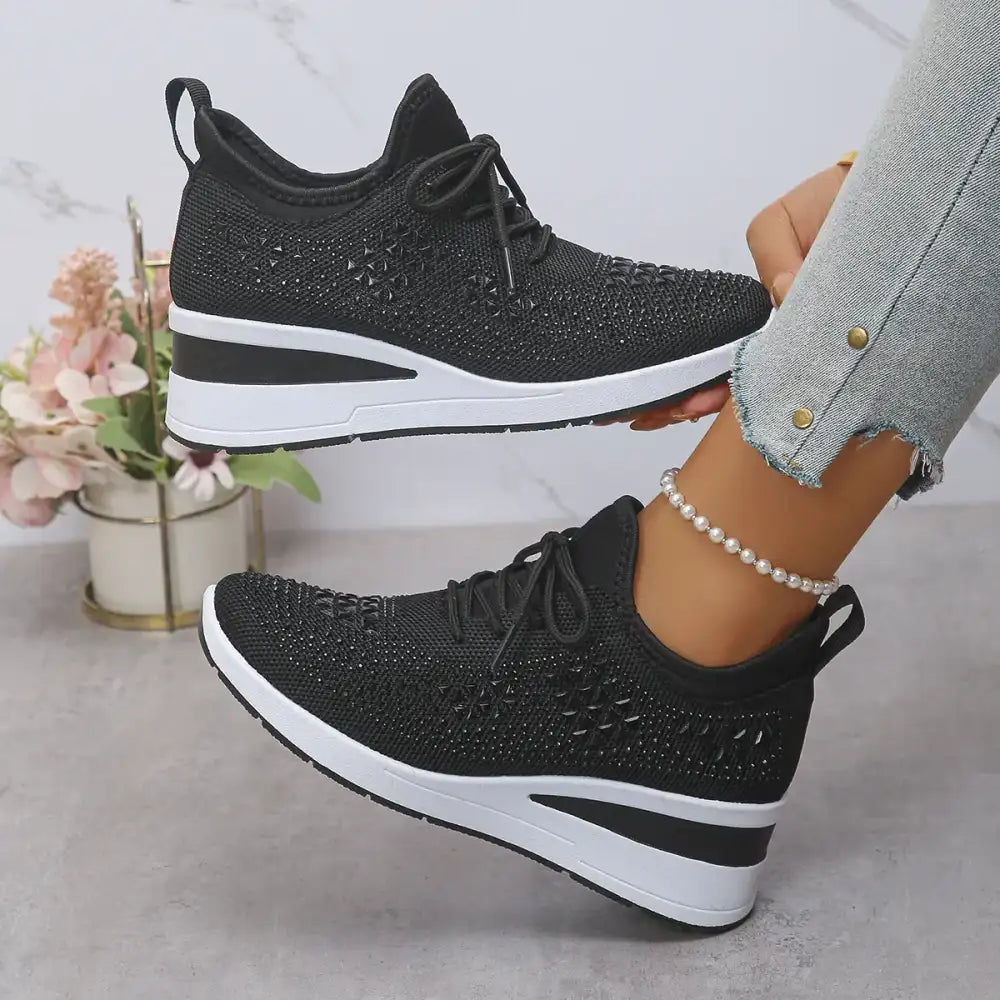 Breathable Mesh Rhinestone Wedge Athletic Sneakers