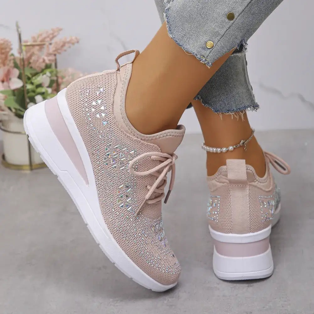 Breathable Mesh Rhinestone Wedge Athletic Sneakers