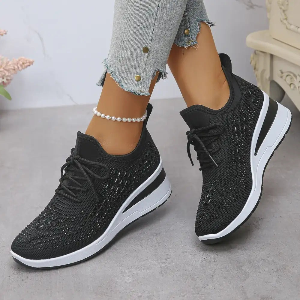 Breathable Mesh Rhinestone Wedge Athletic Sneakers