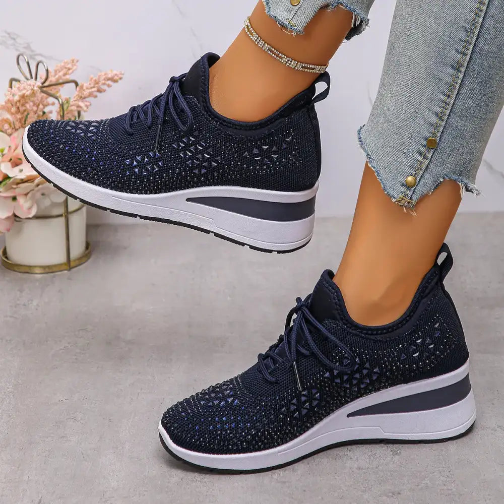 Breathable Mesh Rhinestone Wedge Athletic Sneakers