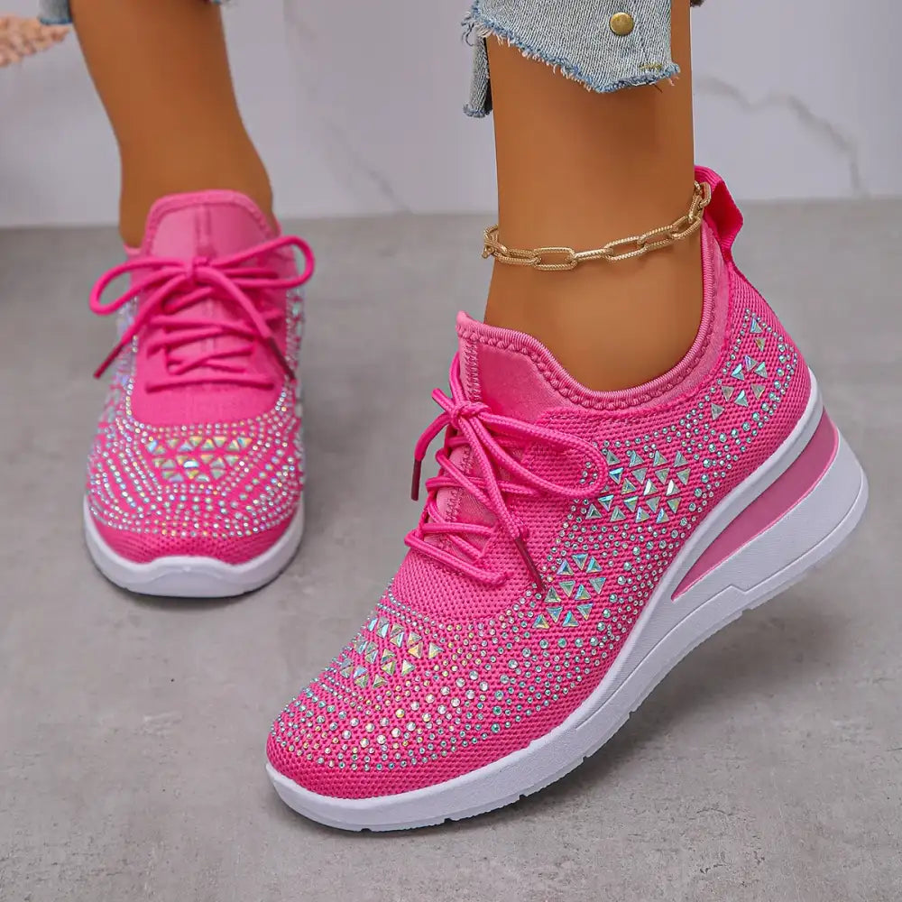 Breathable Mesh Rhinestone Wedge Athletic Sneakers
