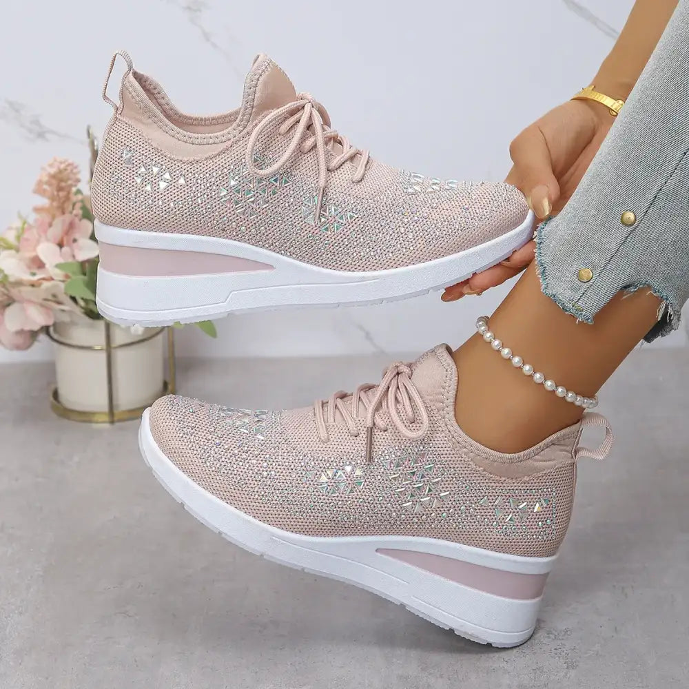 Breathable Mesh Rhinestone Wedge Athletic Sneakers