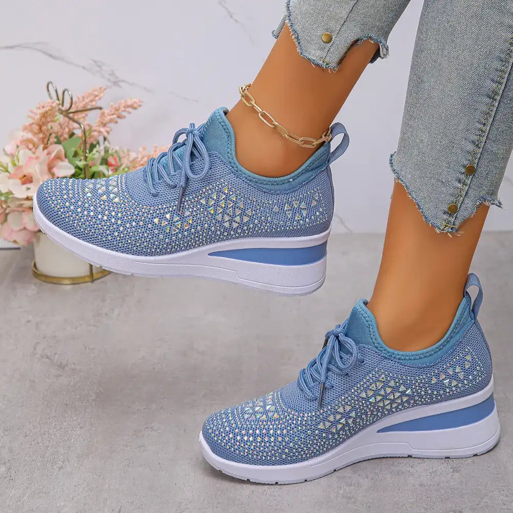 Breathable Mesh Rhinestone Wedge Athletic Sneakers