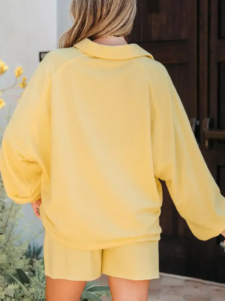 Button Collar Drop Shoulder Top and Shorts 2pcs Set