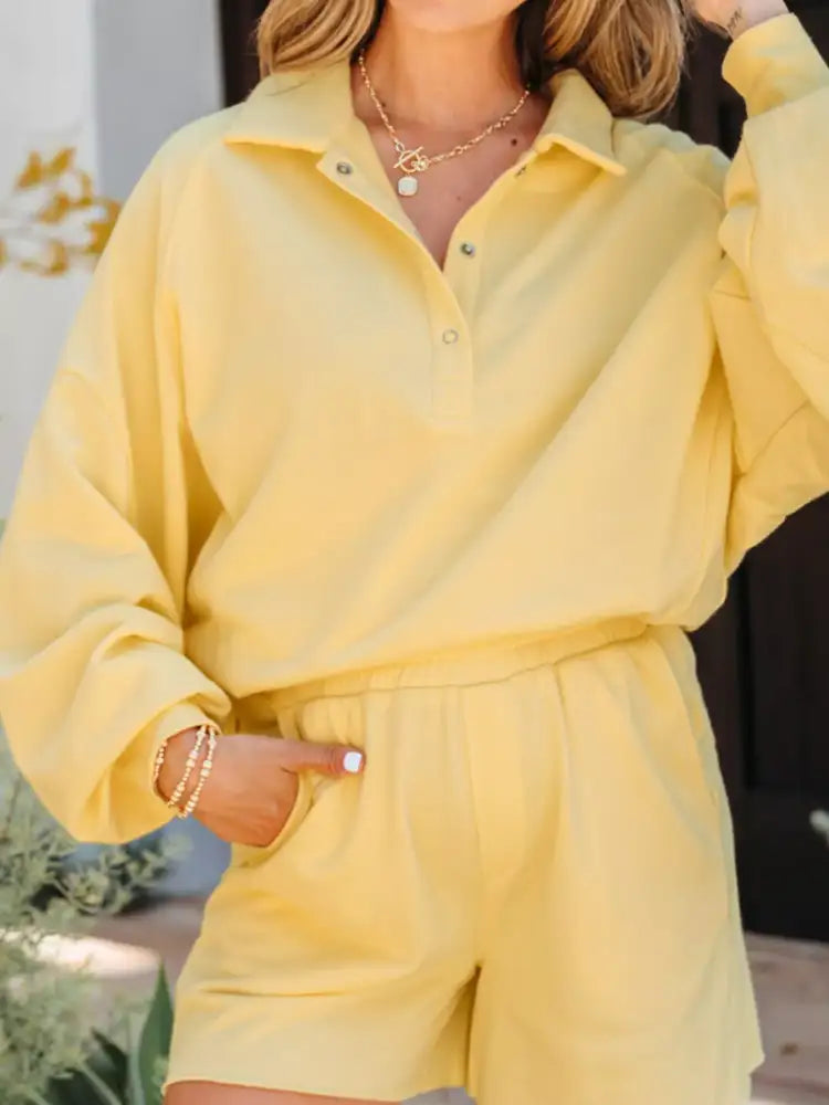 Button Collar Drop Shoulder Top and Shorts 2pcs Set