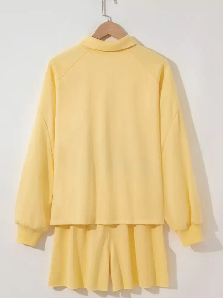 Button Collar Drop Shoulder Top and Shorts 2pcs Set