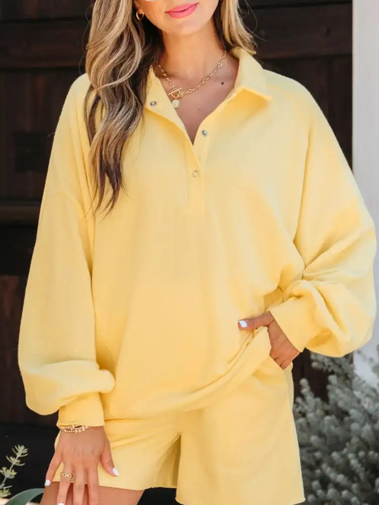 Button Collar Drop Shoulder Top and Shorts 2pcs Set