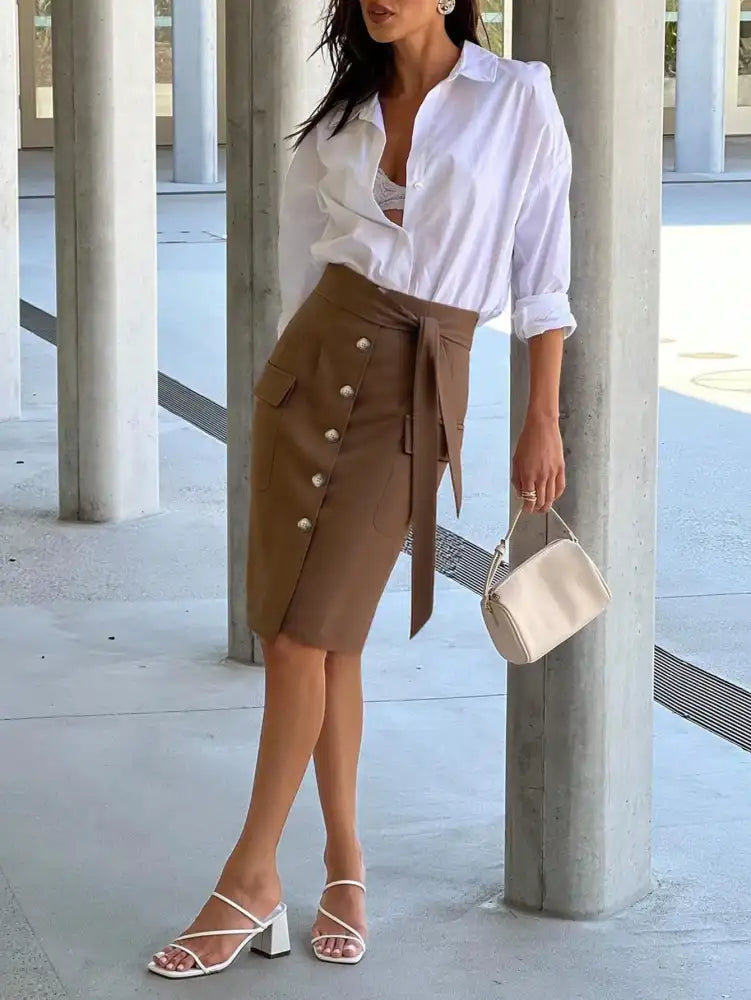 Button Detail Belted Cargo Skirt