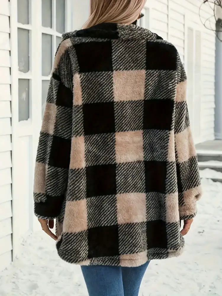 Button Down Collared Neck Plaid Teddy Coat with Pockets