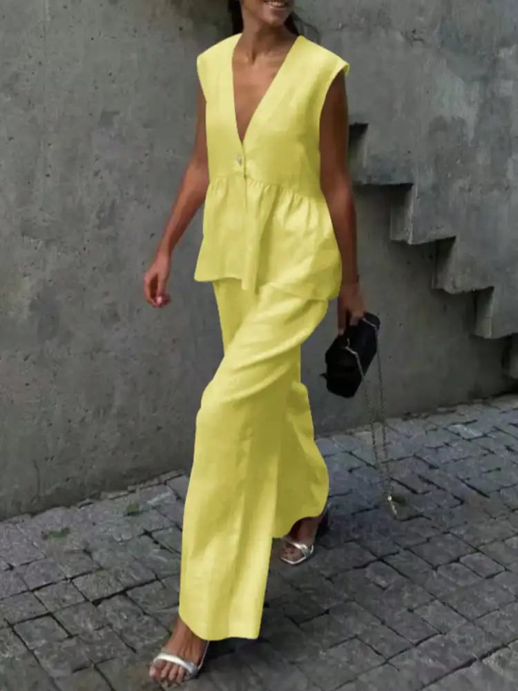 Button Down Peplum Vest and Pants Set