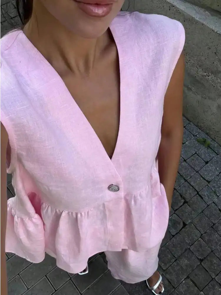 Button Down Peplum Vest and Pants Set