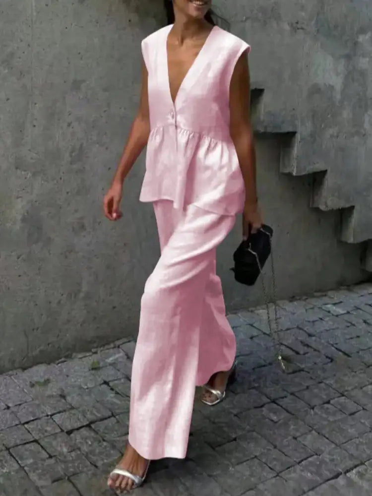 Button Down Peplum Vest and Pants Set