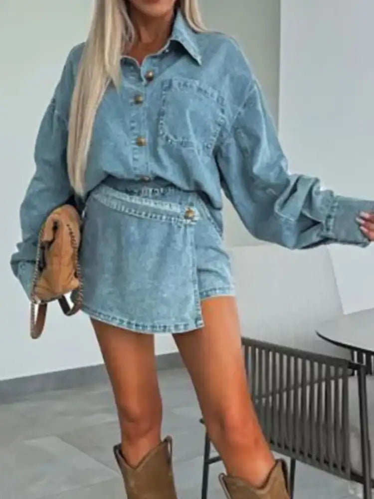 Button-Front Shirt and Mini Skirt Oversized Denim Set