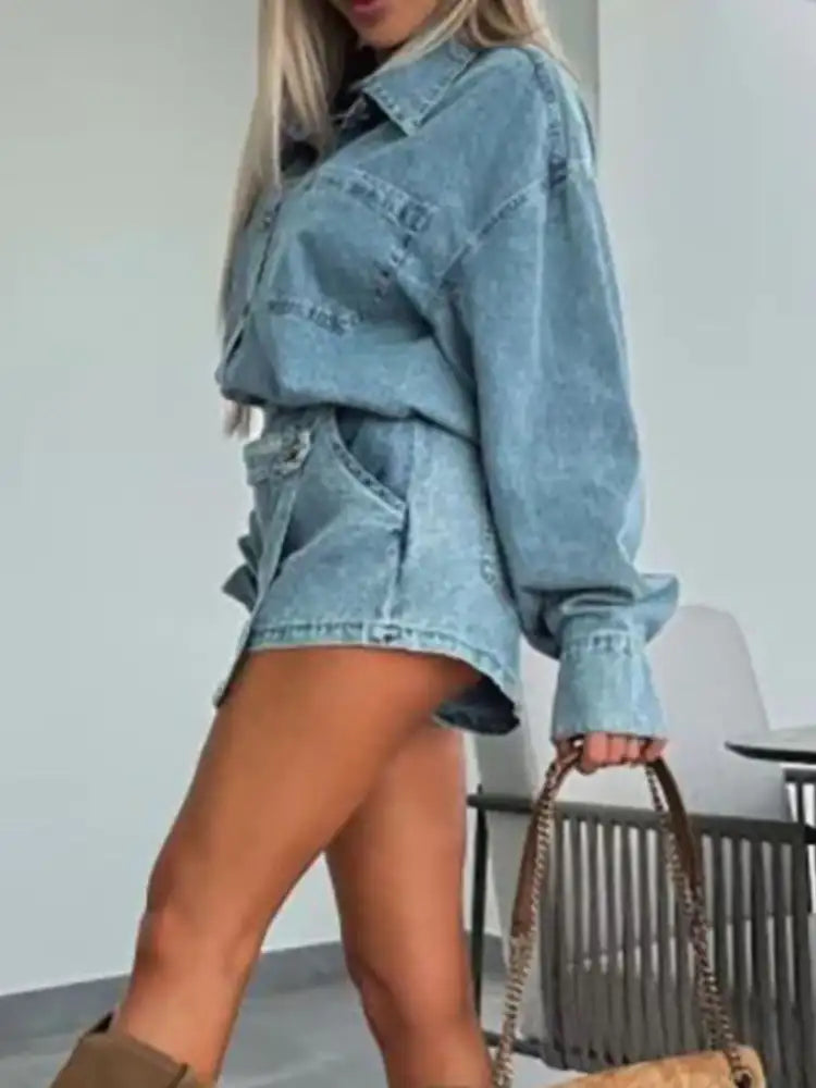 Button-Front Shirt and Mini Skirt Oversized Denim Set