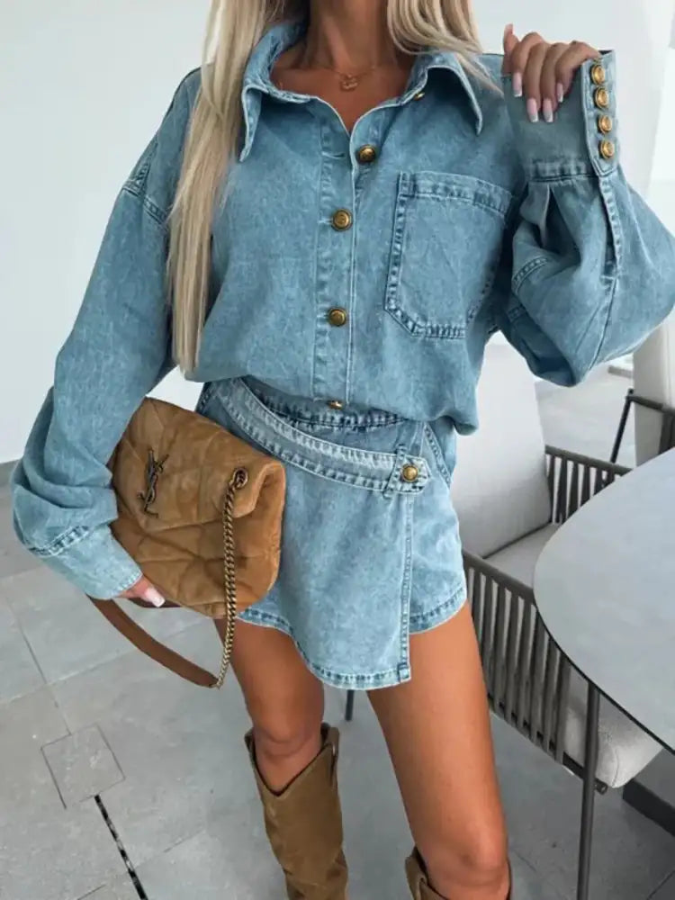 Button-Front Shirt and Mini Skirt Oversized Denim Set