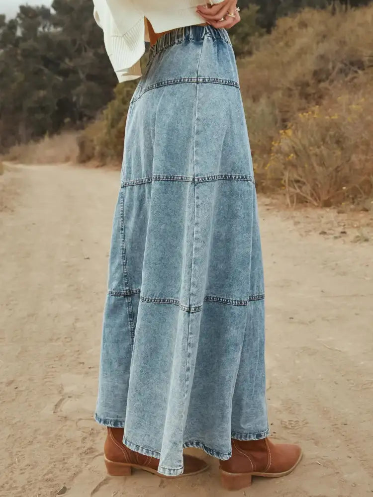 Button-Front Tiered Maxi Denim Skirt