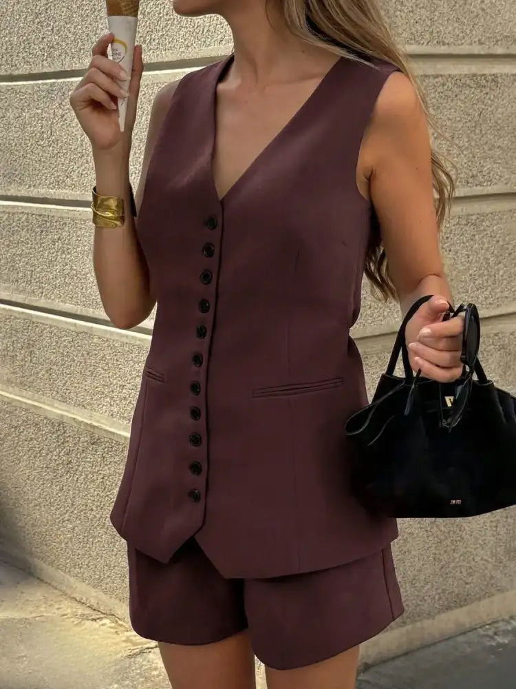 Button Front V-Neck Top and Shorts Set