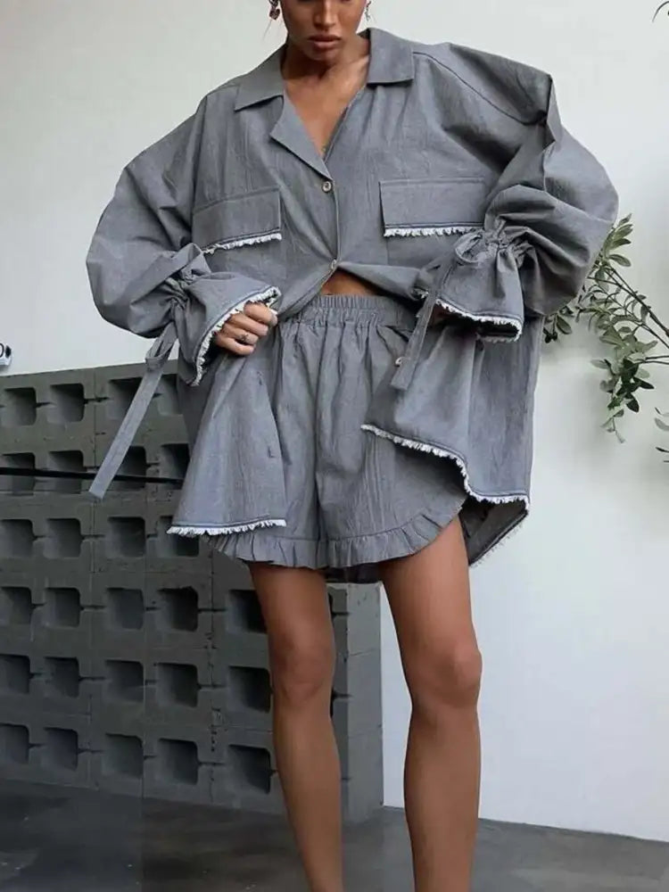 Button Up Flounce Sleeve Top and Shorts Set