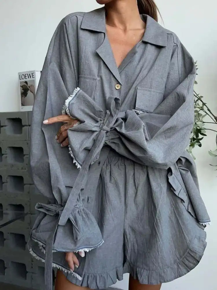 Button Up Flounce Sleeve Top and Shorts Set