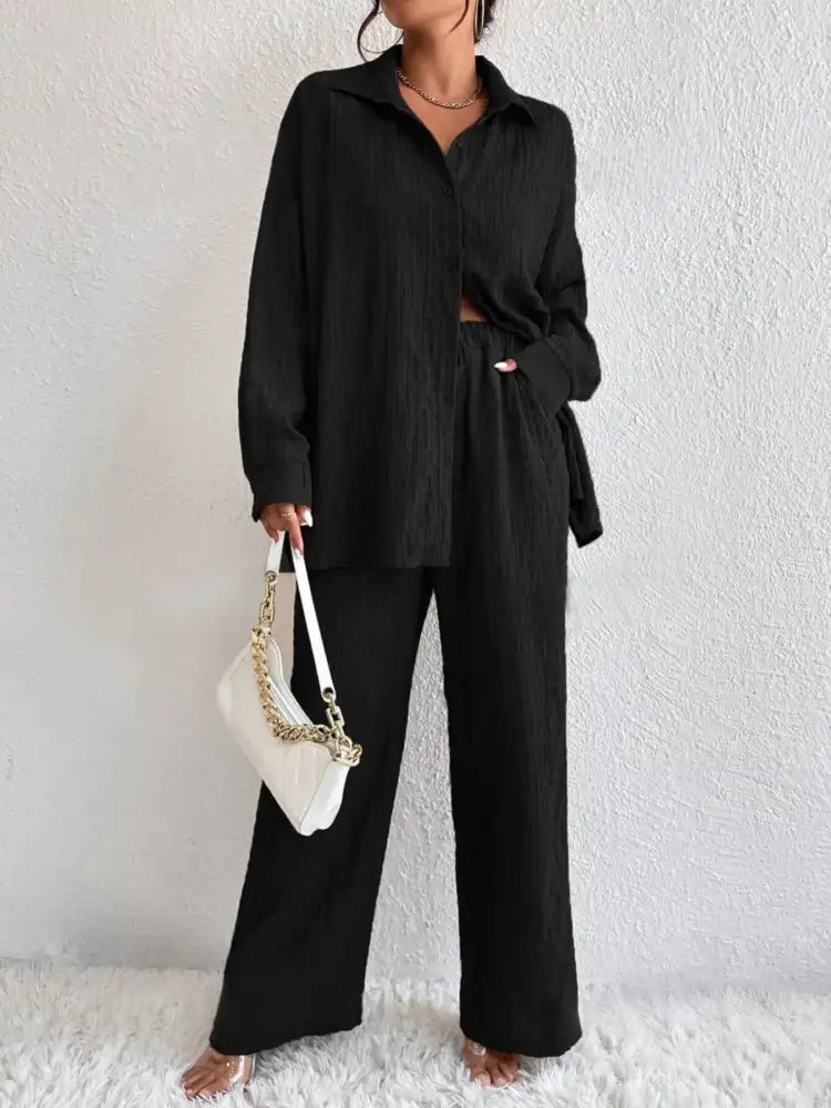 Button Up Long Sleeve Shirt and Pants Set