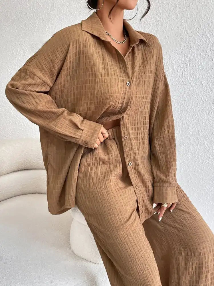 Button Up Long Sleeve Shirt and Pants Set