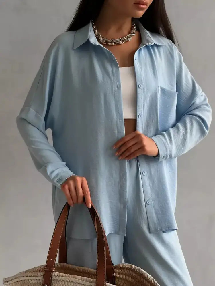 Button Up Long Sleeve Shirt and Pants Set