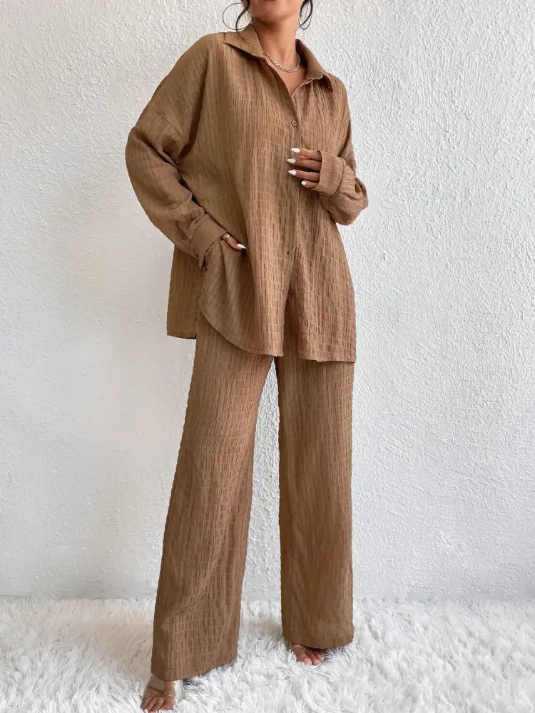 Button Up Long Sleeve Shirt and Pants Set