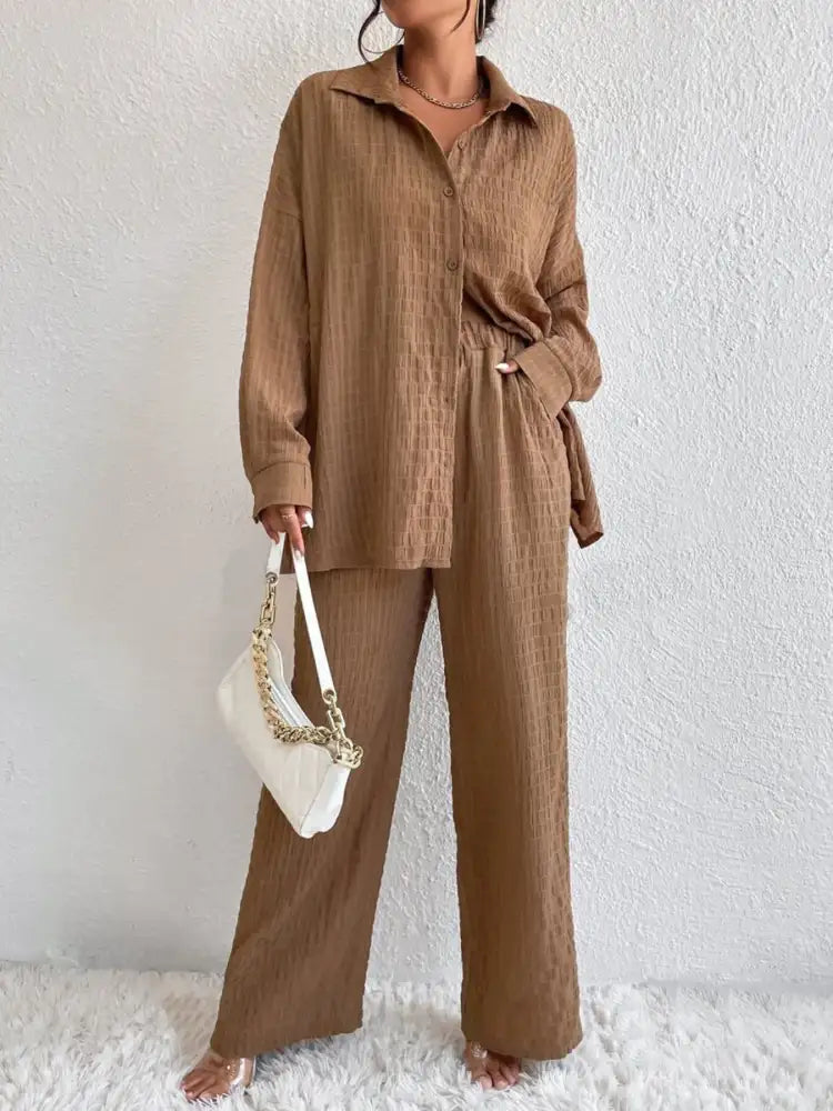 Button Up Long Sleeve Shirt and Pants Set