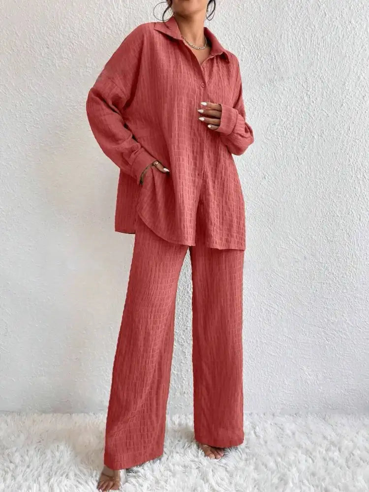 Button Up Long Sleeve Shirt and Pants Set