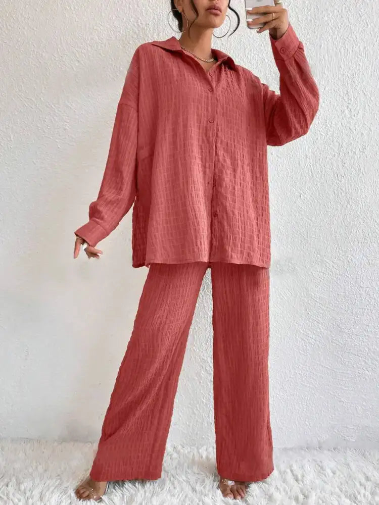 Button Up Long Sleeve Shirt and Pants Set