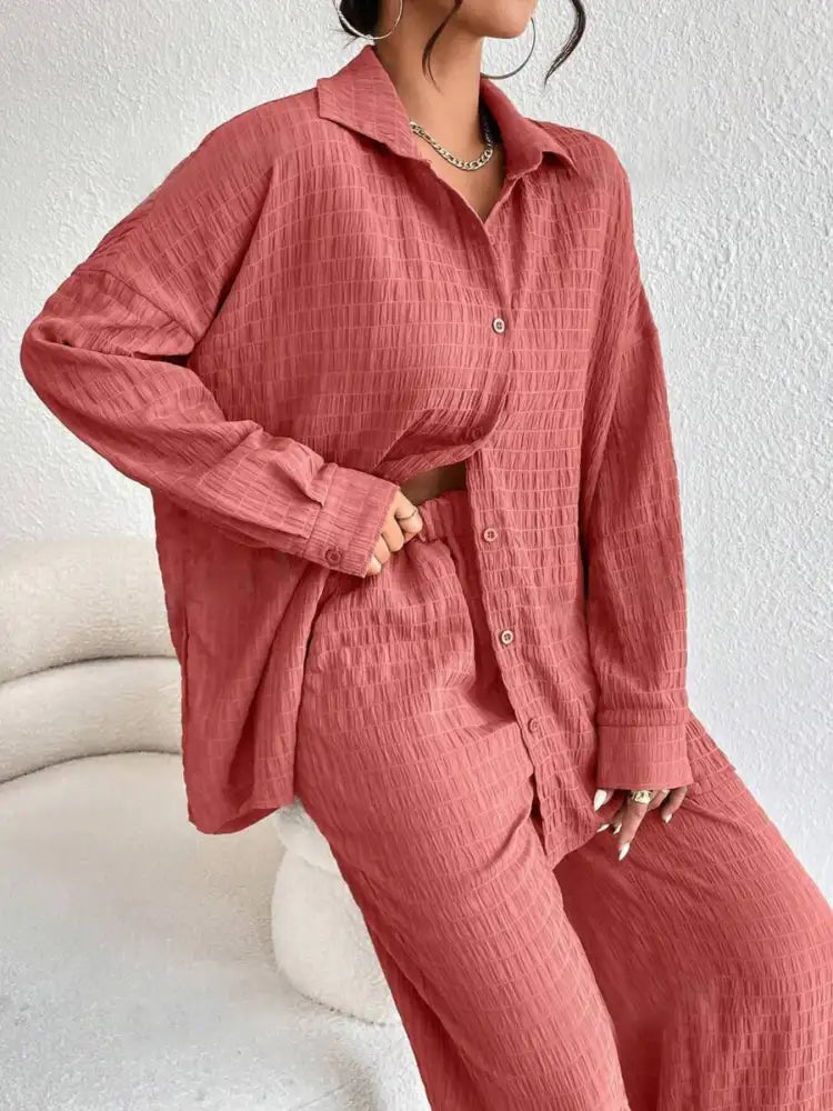 Button Up Long Sleeve Shirt and Pants Set