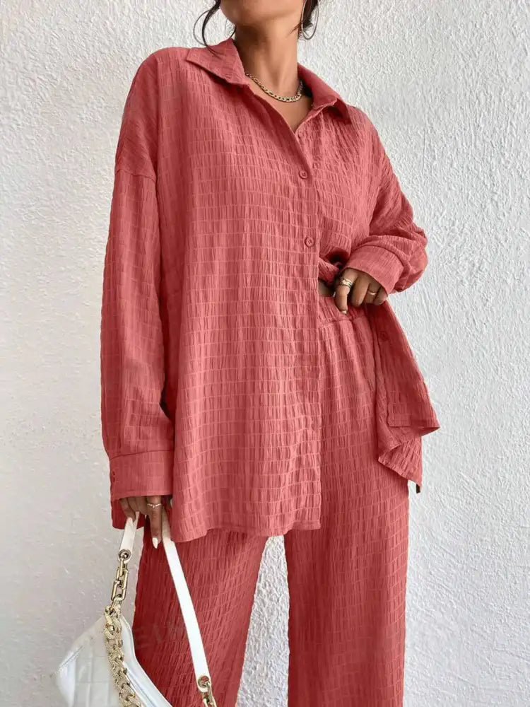 Button Up Long Sleeve Shirt and Pants Set