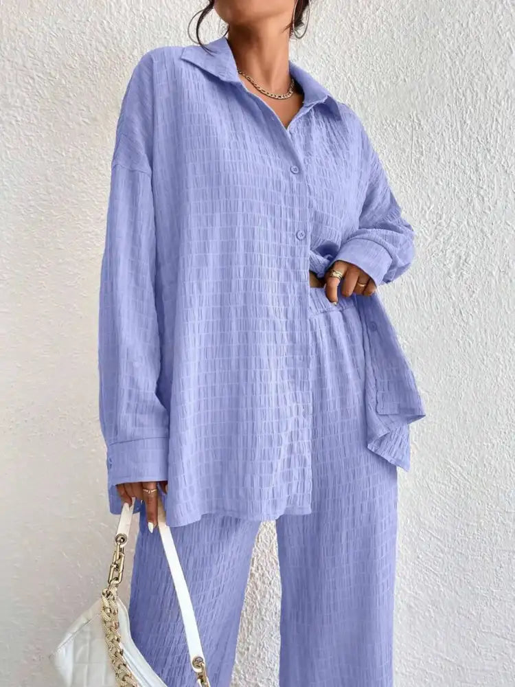 Button Up Long Sleeve Shirt and Pants Set