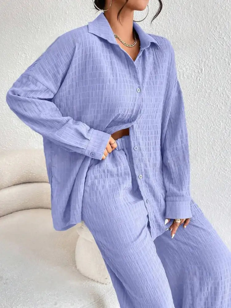 Button Up Long Sleeve Shirt and Pants Set