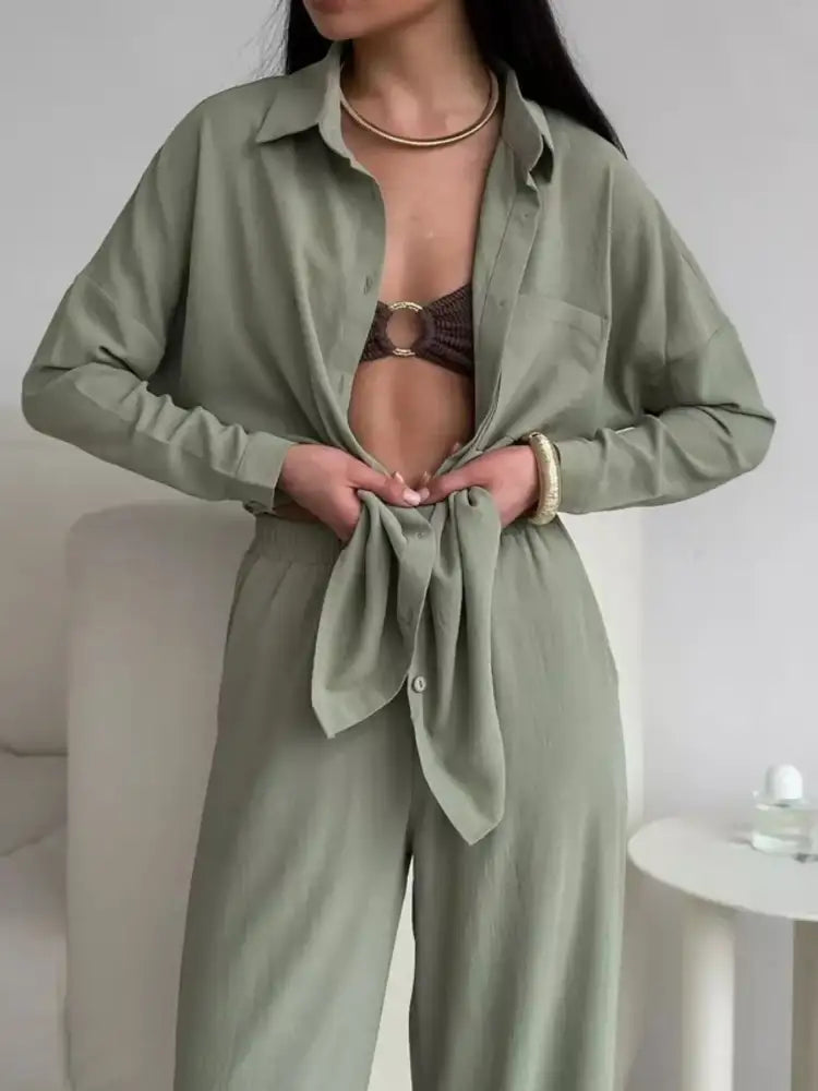Button Up Long Sleeve Shirt and Pants Set