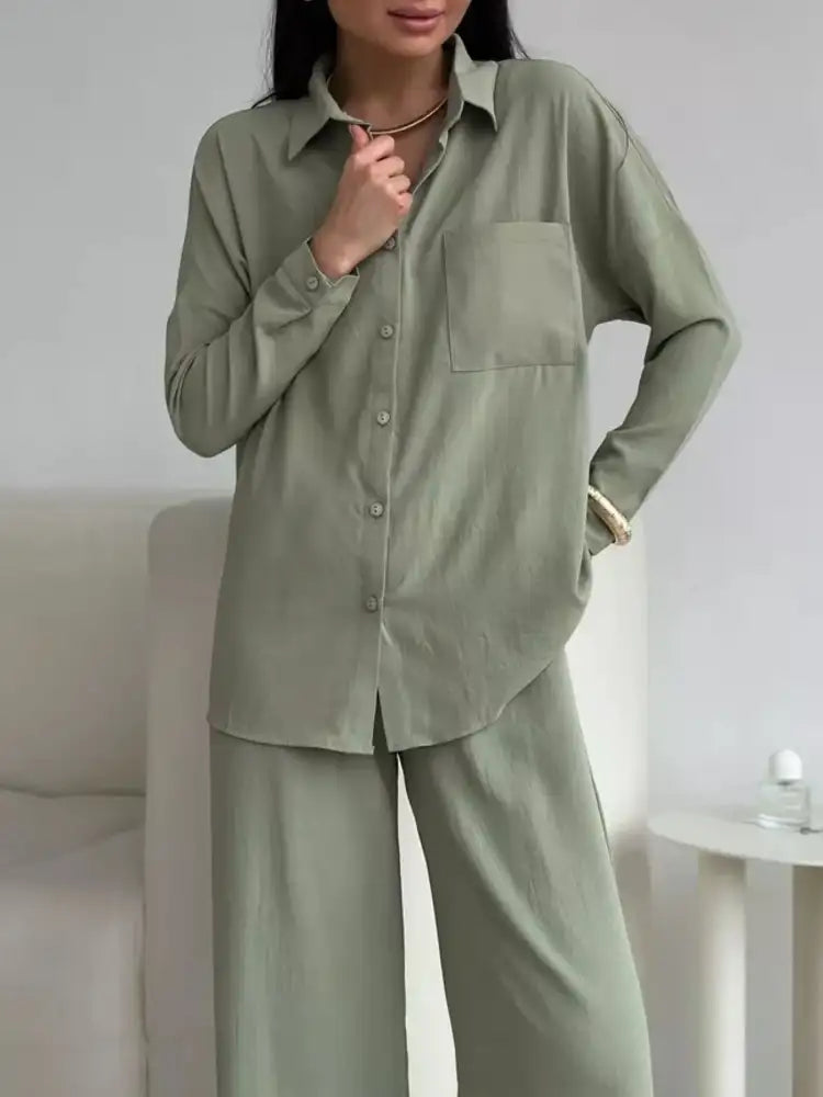 Button Up Long Sleeve Shirt and Pants Set