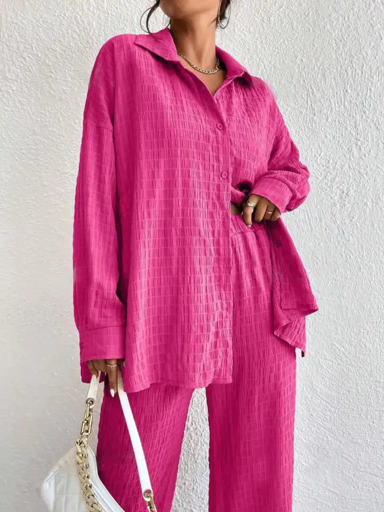 Button Up Long Sleeve Shirt and Pants Set