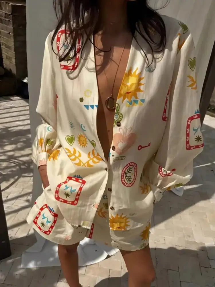 Button Up Long Sleeve Shirt and Shorts Set