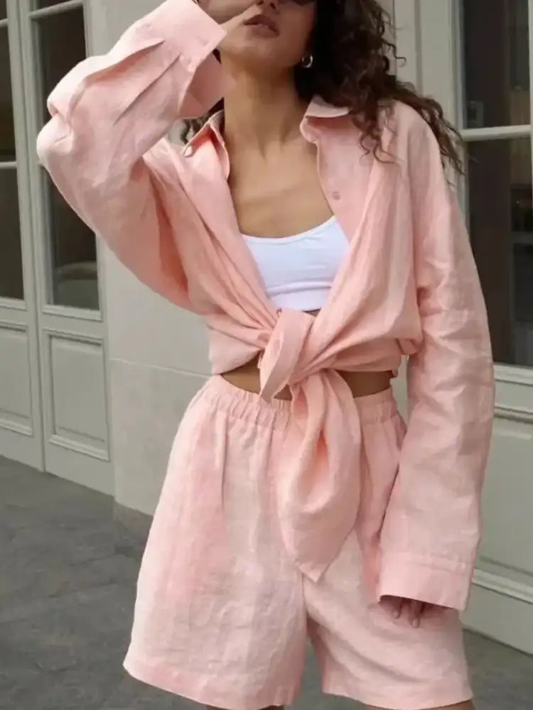 Button Up Long Sleeve Shirt and Shorts Set