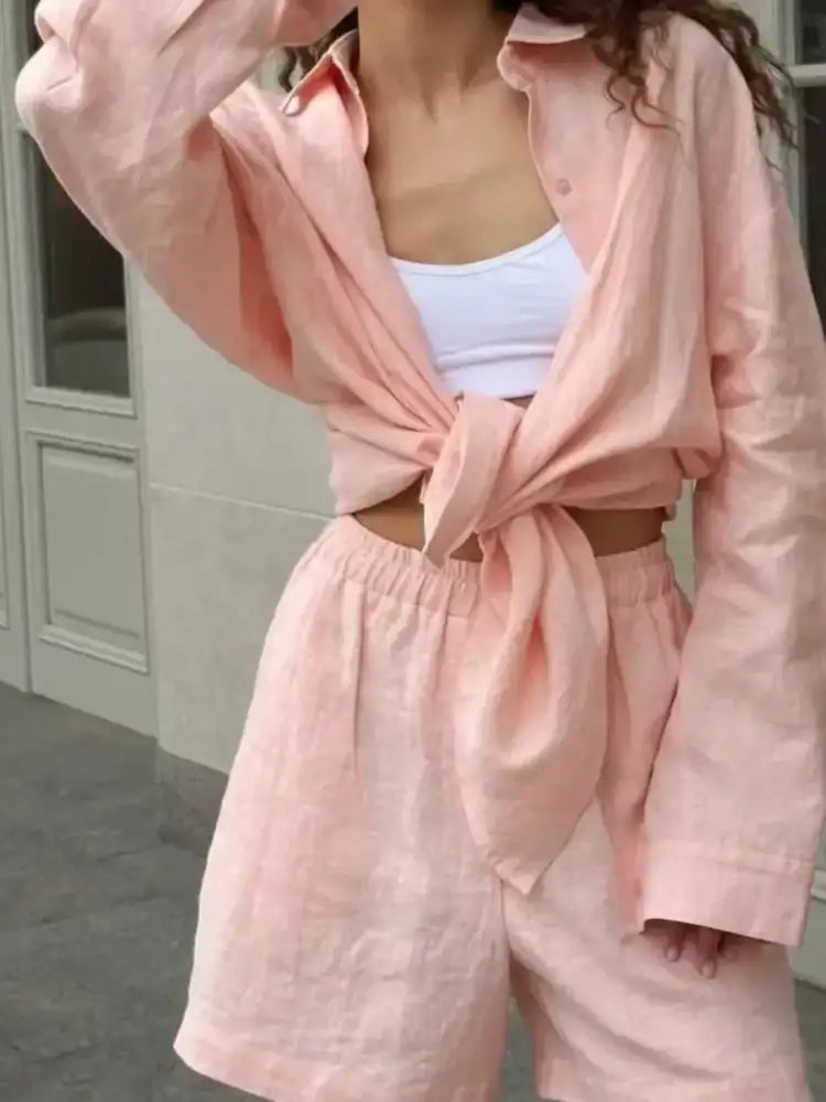 Button Up Long Sleeve Shirt and Shorts Set