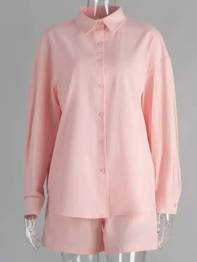 Button Up Long Sleeve Shirt and Shorts Set