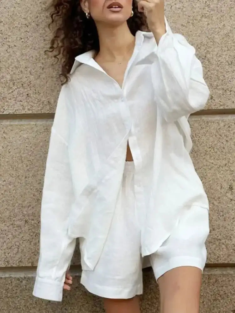 Button Up Long Sleeve Shirt and Shorts Set