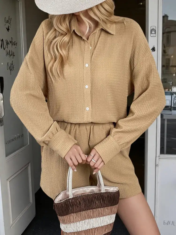 Button Up Long Sleeve Shirt and Shorts Set