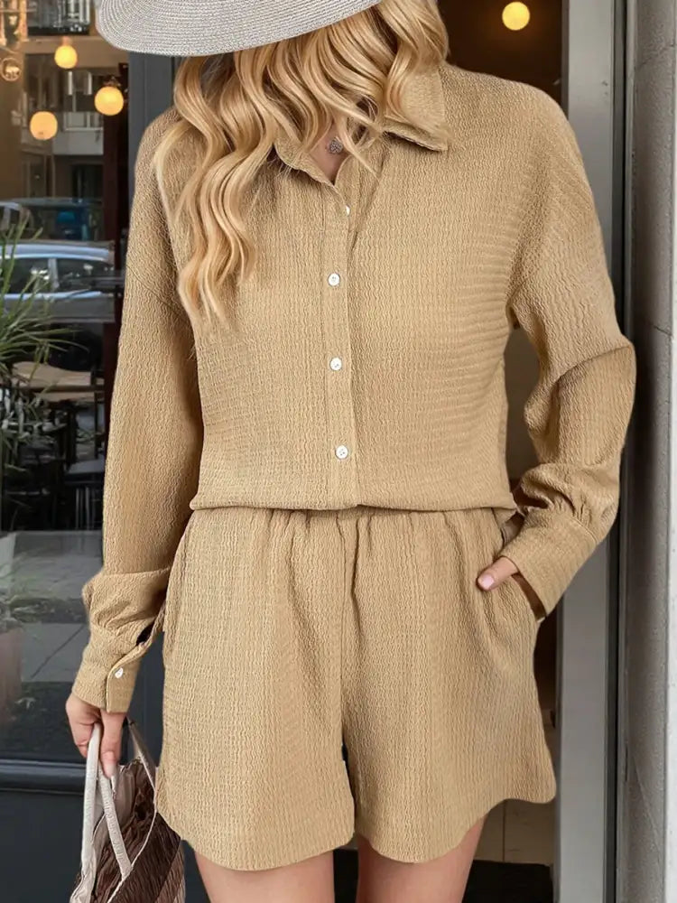 Button Up Long Sleeve Shirt and Shorts Set